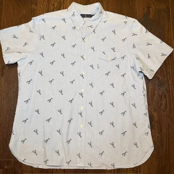 โญ Ralph Lauren XXL Button Down Shirt Blue Lobster Print Short Sleeve Cotton - Picture 1 of 16